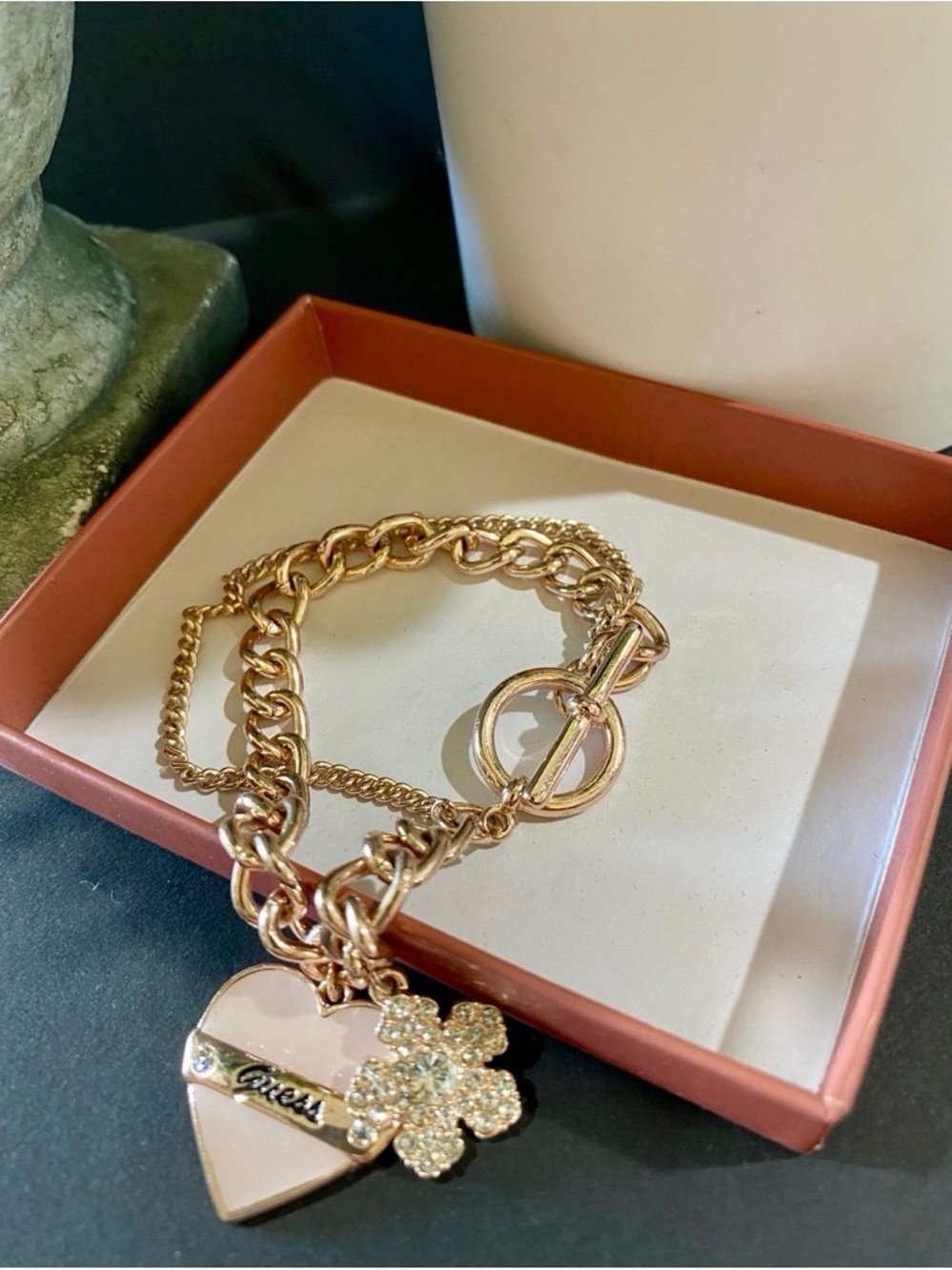 Guess Pink Heart & Rhinestone Rose Gold Bracelet